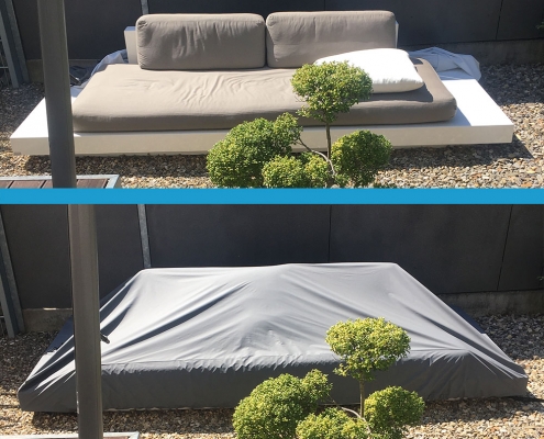 Lieber eine Wettertueten Schutzhülle für die Lounge im Garten nutzen, um die Polster nicht jedesmal wegräumen zu müssen. Auch Polstertaschen oder spezielle Kisten sind nicht immer wasserdicht