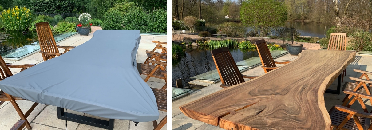 Nicht nur die Tischplatte ist einzigartig. Auch die Abdeckung wurde der Form des Tisches genau angepasst. Hier macht eine Maßanfertigung mehr als Sinn