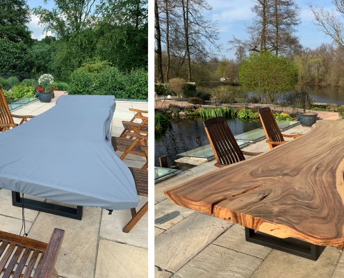 Nicht nur die Tischplatte ist einzigartig. Auch die Abdeckung wurde der Form des Tisches genau angepasst. Hier macht eine Maßanfertigung mehr als Sinn