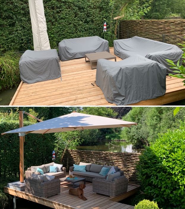 Here, the lounge furniture of a complete terrace was made to measure. Covers specially adapted